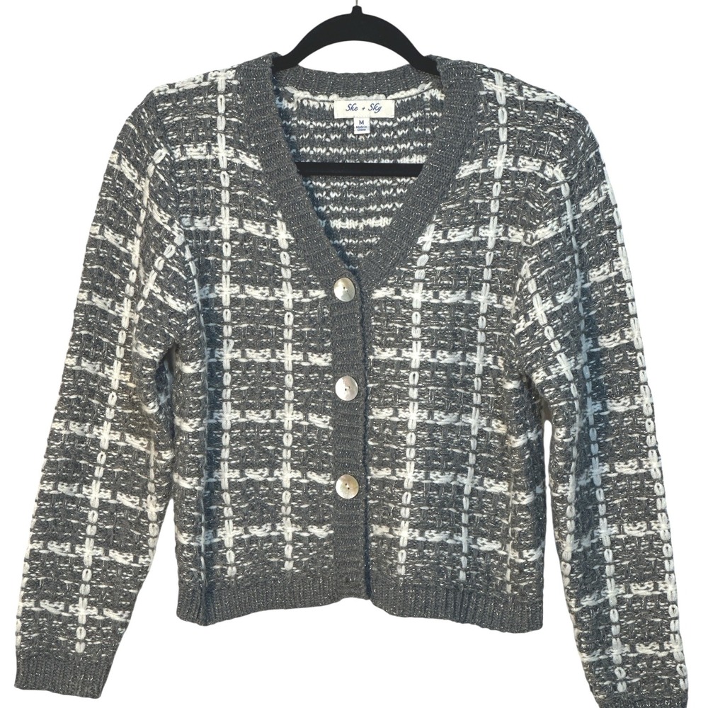 She + Sky Cardigan Sweater Gray White Plaid Knit Button‎ Up Long Sleeve Crop Med